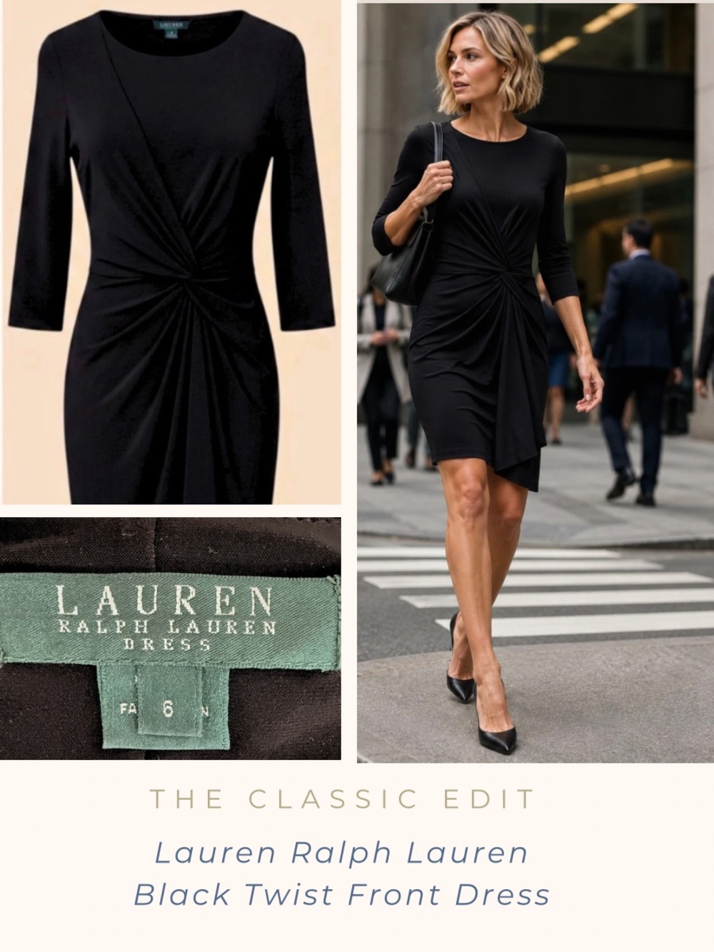 Lauren Ralph Lauren Black Twist Front Ruched Sheath Dress Lined Career Cocktail